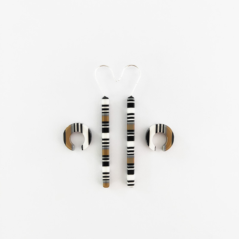 黑白灰啡条纹醋酸板材耳环+交耳骨夹组合套装